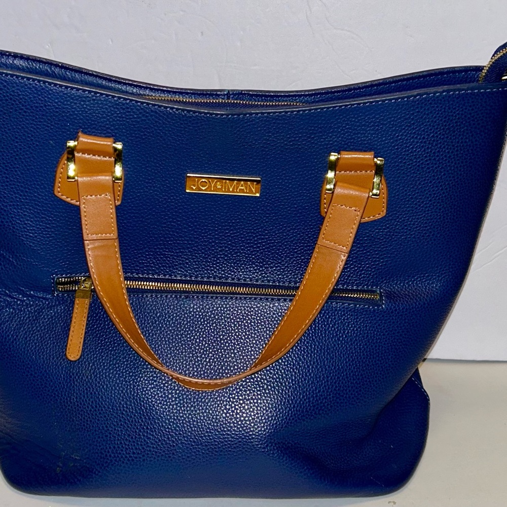 Joy & Iman Navy Tote with Tan Handles and Gold Accents
